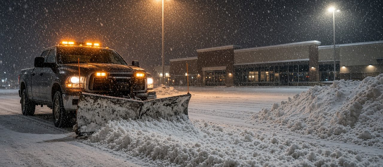A dark pickup with amber lights and a front plow blade pushing snow across a parking lot at night, with tall pole lights, a storefront building and a snow pile behind it, in Syracuse, New York
