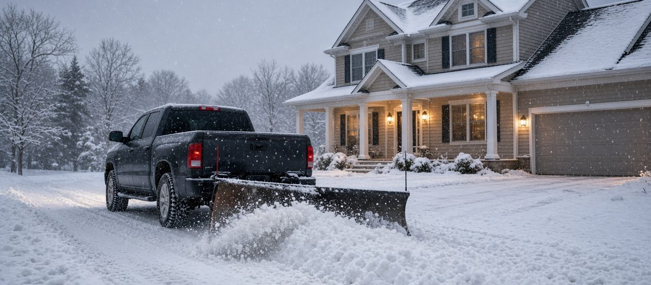 A dark pickup with a plow blade at its rear pushing snow down a driveway in front of a two-story house with lit windows and snow on the roof, in Syracuse, New York