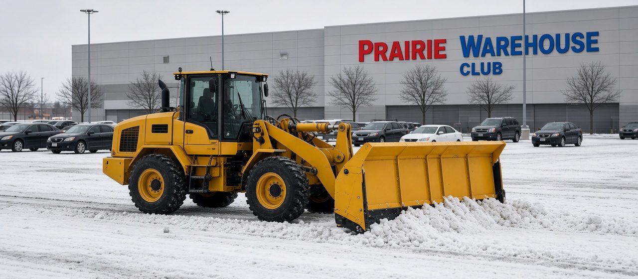 A yellow wheel loader with a yellow snow pusher clearing a snowy store parking lot, with parked cars and bare trees in front of a big warehouse store, in Syracuse, New York
