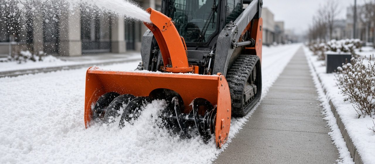 An orange snow blower attachment on a tracked loader throwing snow beside a long cleared sidewalk, in Syracuse, New York
