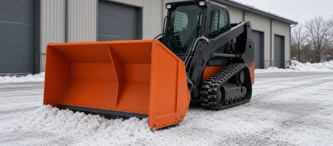 An orange snow pusher with tall side panels on a black tracked loader in front of a metal warehouse, in Syracuse, New York