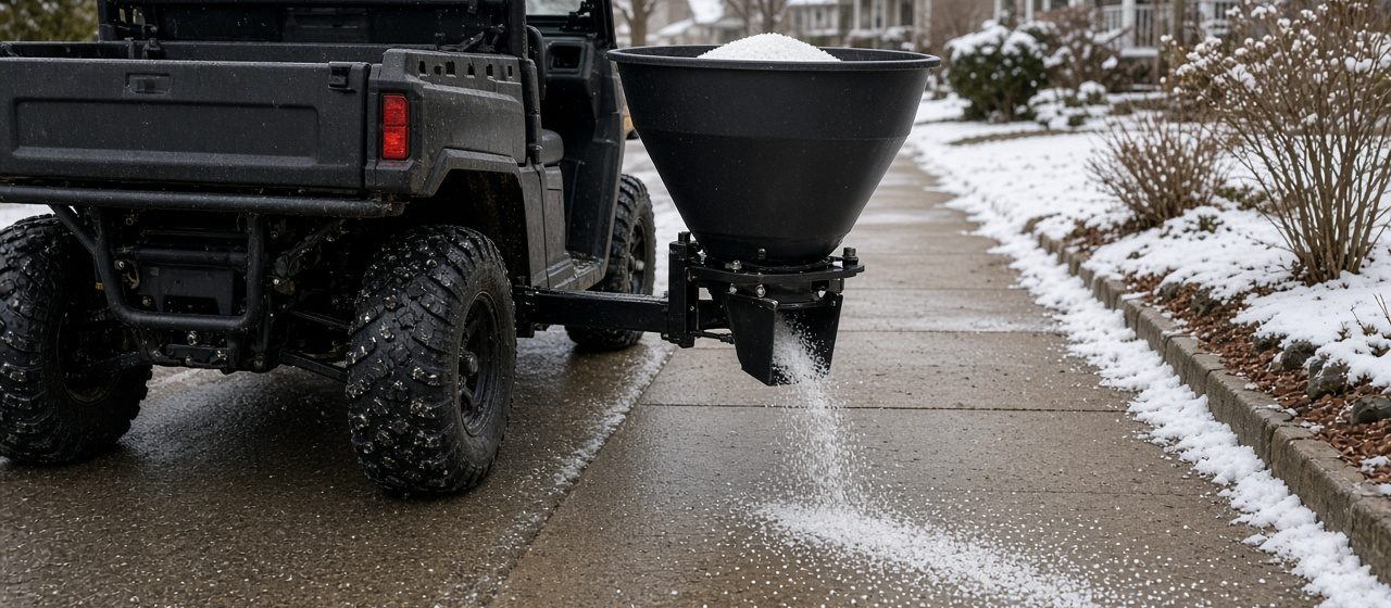 A black cone-shaped spreader on the back of a utility vehicle spreading salt on a sidewalk, in Syracuse, New York