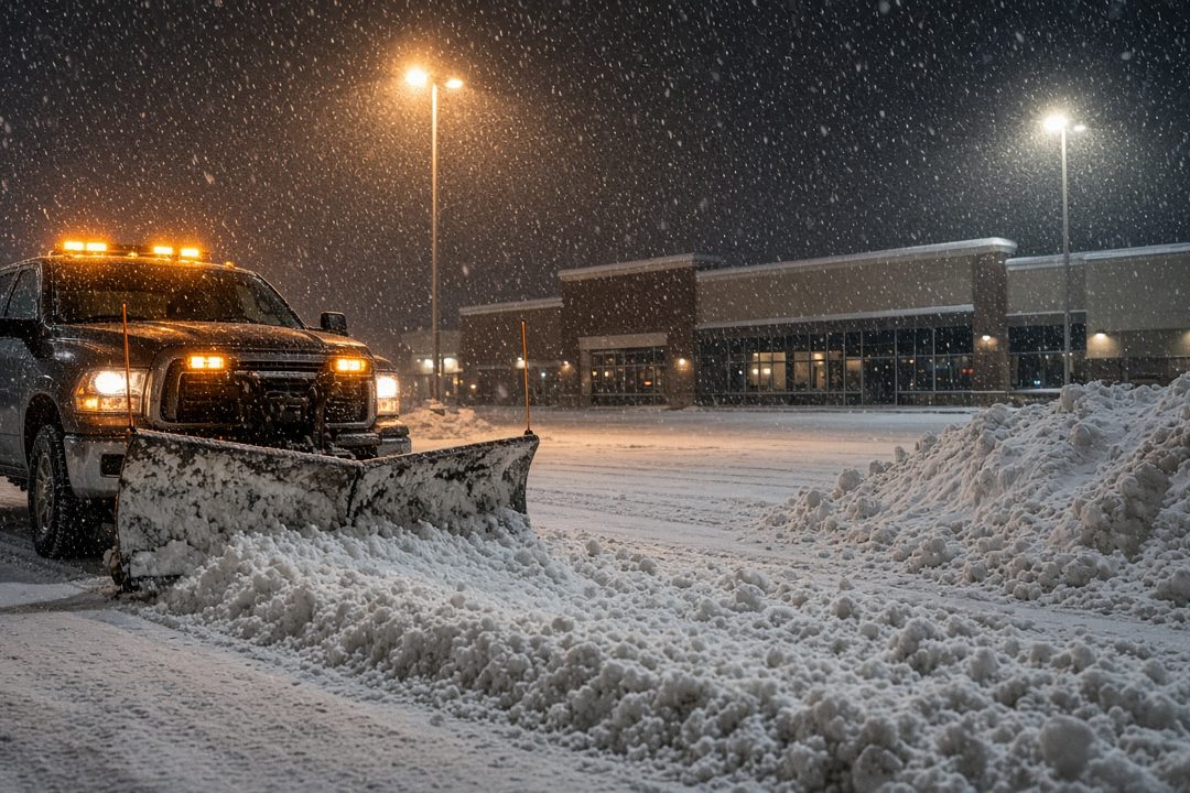 A dark pickup with amber lights and a front plow blade pushing snow across a parking lot at night, with tall pole lights, a storefront building and a snow pile behind it, in Syracuse, New York