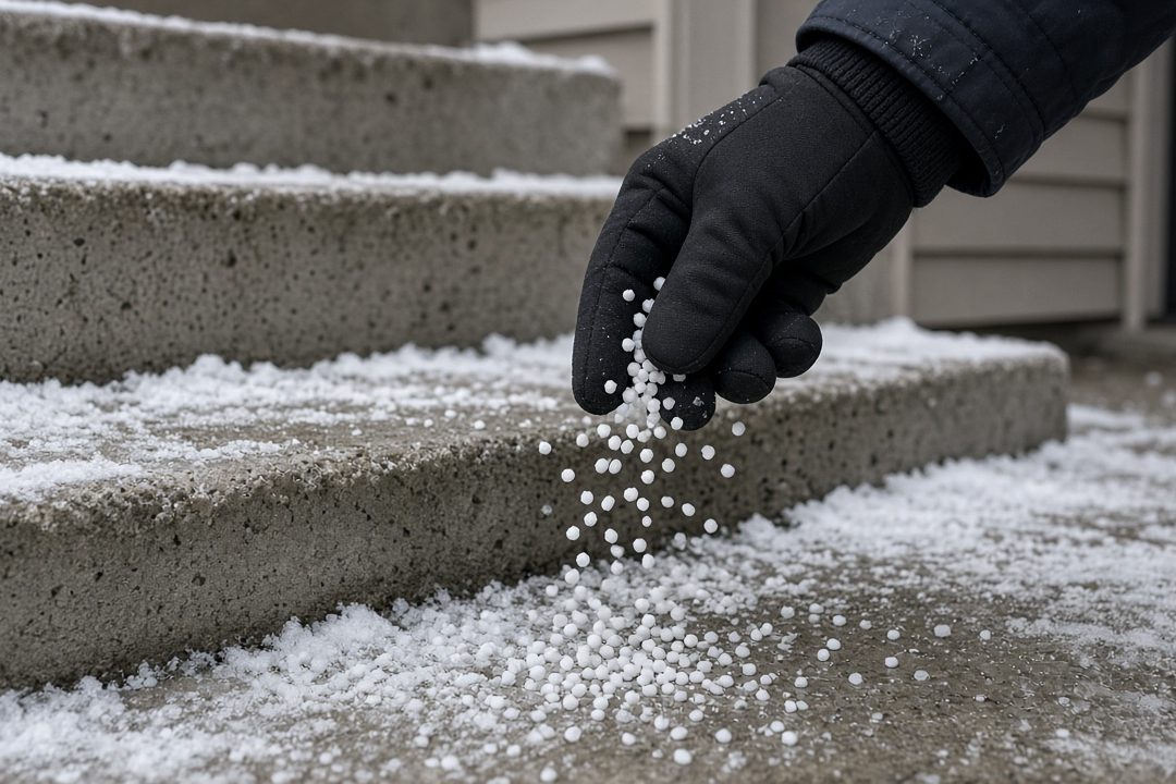 A gloved hand scattering white ice melt pellets onto snowy concrete steps, in Syracuse, New York