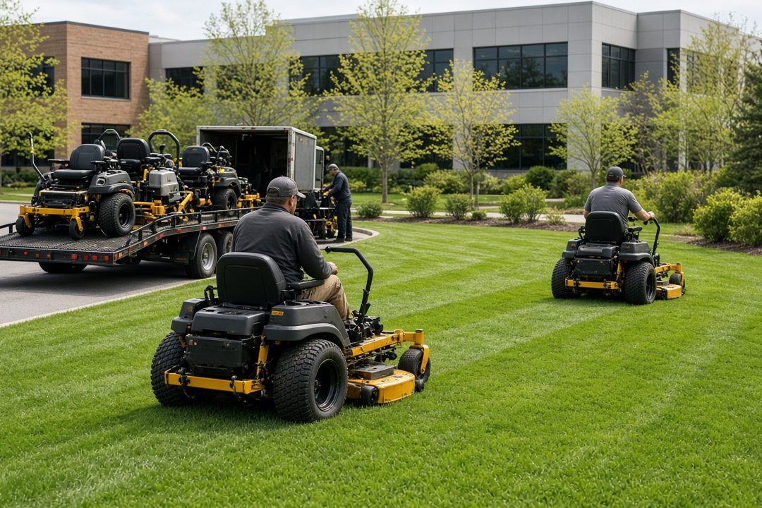 Landscape workers on yellow and black zero-turn mowers cutting a green lawn at an office park, with a trailer of mowers behind them, in Syracuse, New York