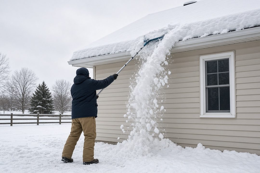 A person standing on the ground pulling snow off the roof edge of a house with a long roof rake, in Syracuse, New York
