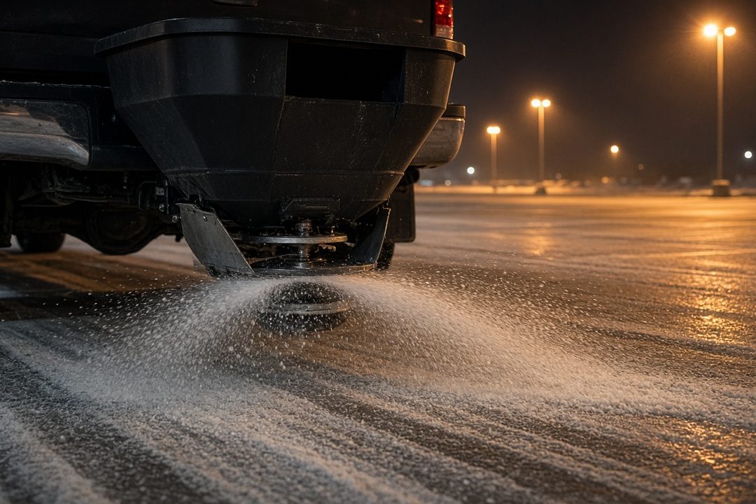 A black tailgate hopper on the back of a truck spreading salt across a parking lot at night, in Syracuse, New York