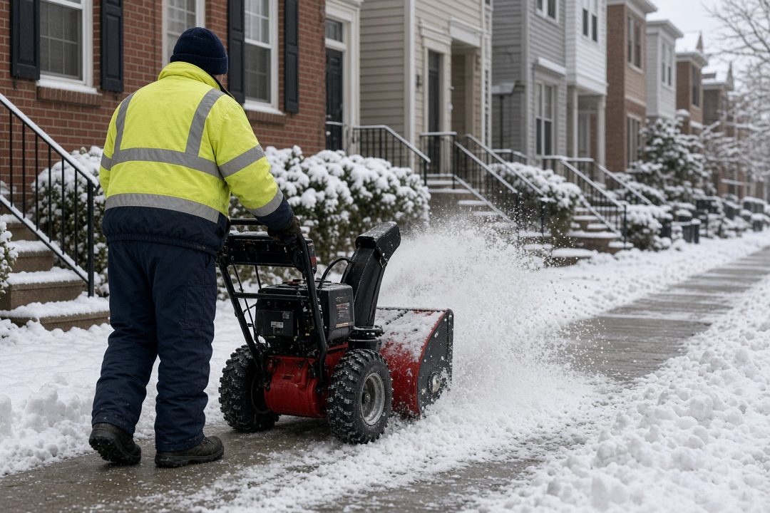 A worker in a yellow high-visibility jacket clearing a snowy sidewalk with a red two-stage snow blower in front of a row of brick townhomes, in Syracuse, New York
