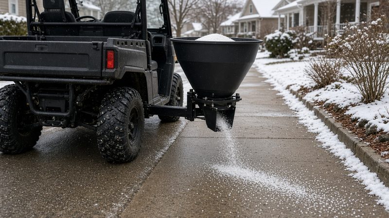 A black cone-shaped spreader on the back of a utility vehicle spreading salt on a sidewalk, in Syracuse, New York