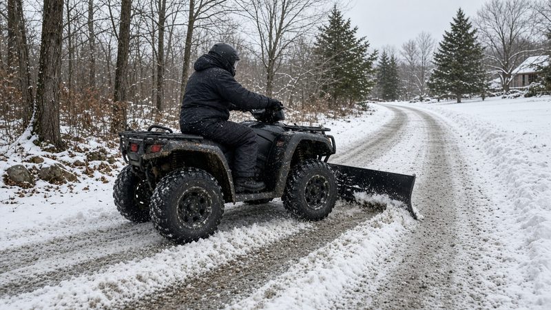 A rider on an ATV with a front plow blade clearing a snowy gravel lane through the woods, in Syracuse, New York