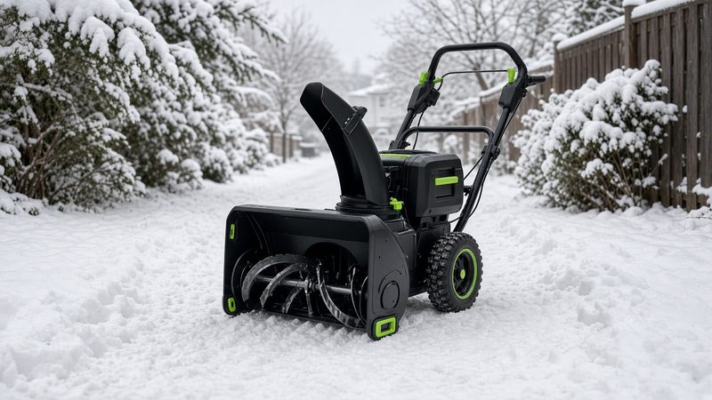 A black battery-powered two-stage snow blower with green trim on a snowy path between snow-covered shrubs and a fence, in Syracuse, New York