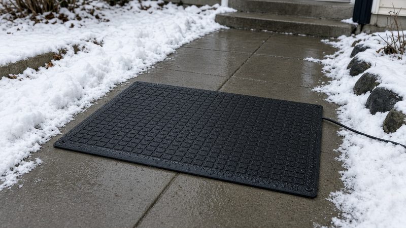A black rubber mat on a wet, clear concrete walkway with snow on both sides and a cord running off the side, in Syracuse, New York