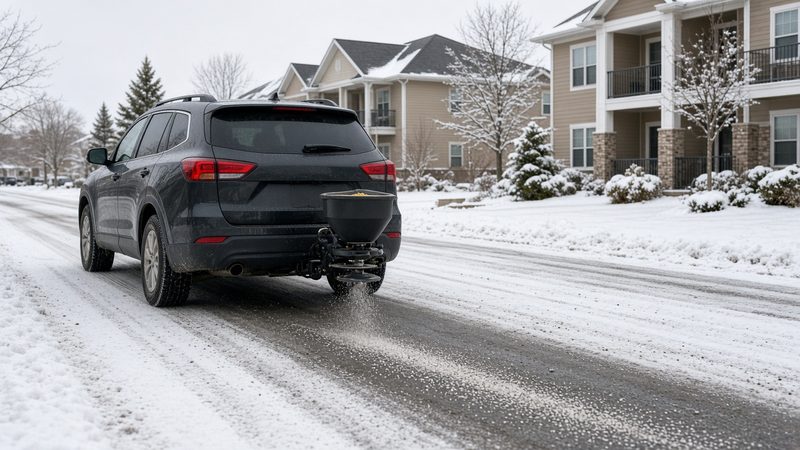 A dark SUV with a small black salt spreader on its rear hitch spreading salt on a snowy street by apartment buildings, in Syracuse, New York