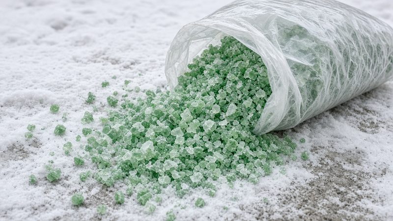A clear bag of green ice melt crystals spilling onto snowy ground, in Syracuse, New York