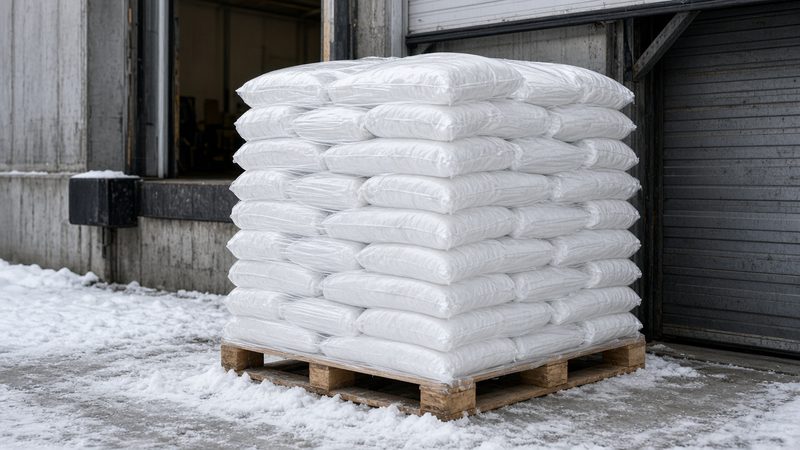 A wooden pallet stacked with plain white bags beside a loading dock door, in Syracuse, New York