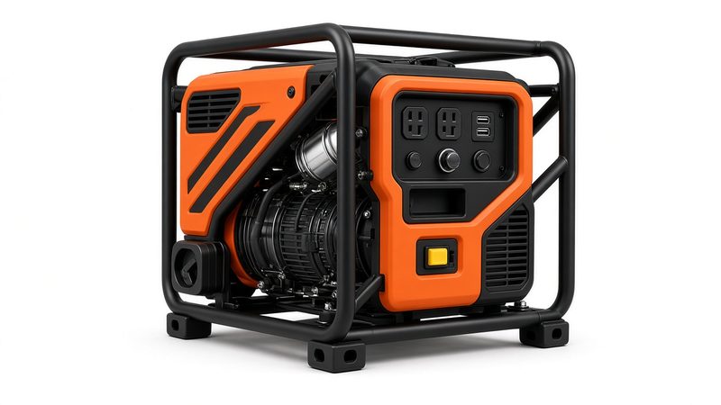 An orange and black open-frame inverter generator in a black tube frame, in Syracuse, New York