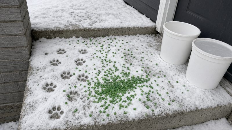 Green ice melt pellets and paw prints on a snowy front step, with two plain white tubs by the door, in Syracuse, New York