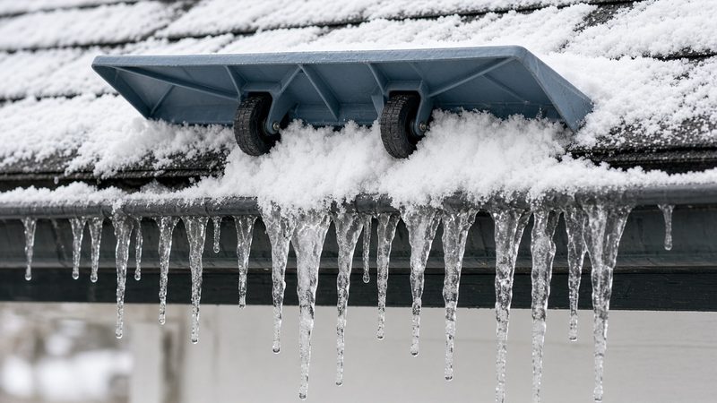A blue-gray roof rake head with two wheels on a snowy roof edge above a row of icicles, in Syracuse, New York