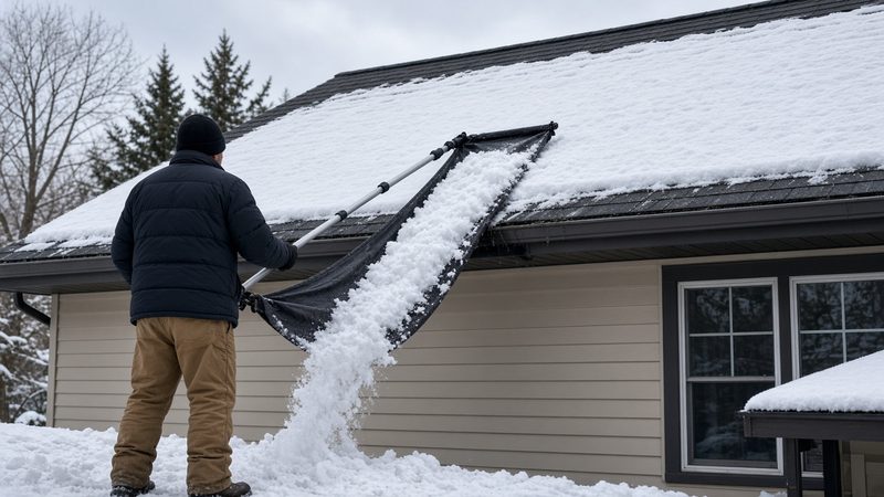 A person on the ground pulling a sheet of snow off a house roof with a long roof rake and fabric slide, in Syracuse, New York