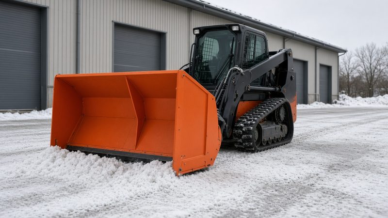 An orange snow pusher with tall side panels on a black tracked loader in front of a metal warehouse, in Syracuse, New York