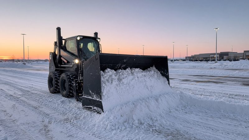 A black snow pusher box on a wheeled skid steer pushing snow across a big parking lot at dawn, in Syracuse, New York