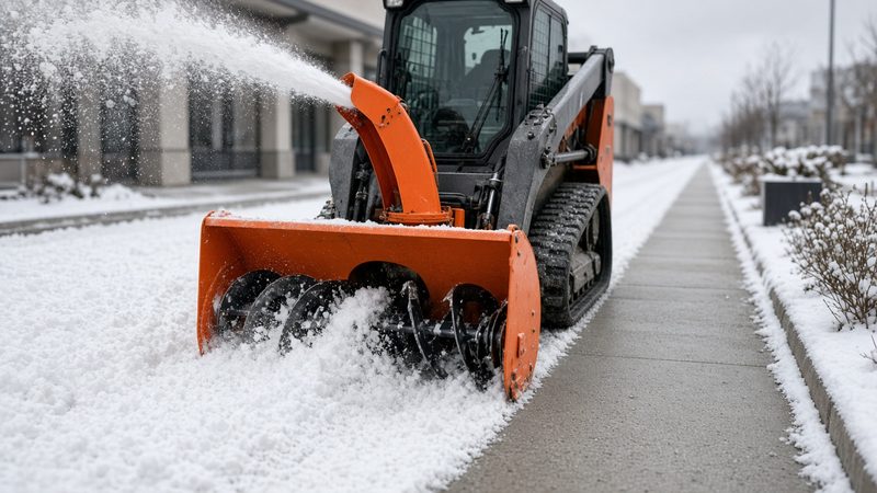 An orange snow blower attachment on a tracked loader throwing snow beside a long cleared sidewalk, in Syracuse, New York