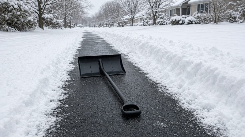 A black snow pusher lying on a freshly cleared strip of driveway between snowbanks, in Syracuse, New York