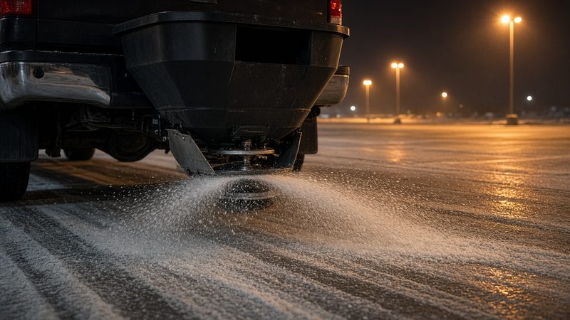 A black tailgate hopper on the back of a truck spreading salt across a parking lot at night, in Syracuse, New York
