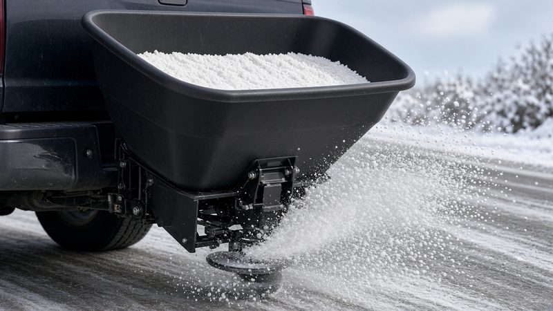 A black hopper full of salt on the back of a truck, with a spinner throwing salt onto a snowy road, in Syracuse, New York
