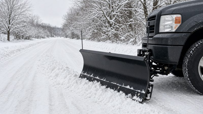 A black straight plow blade mounted on the front of a dark pickup on a snowy road, in Syracuse, New York