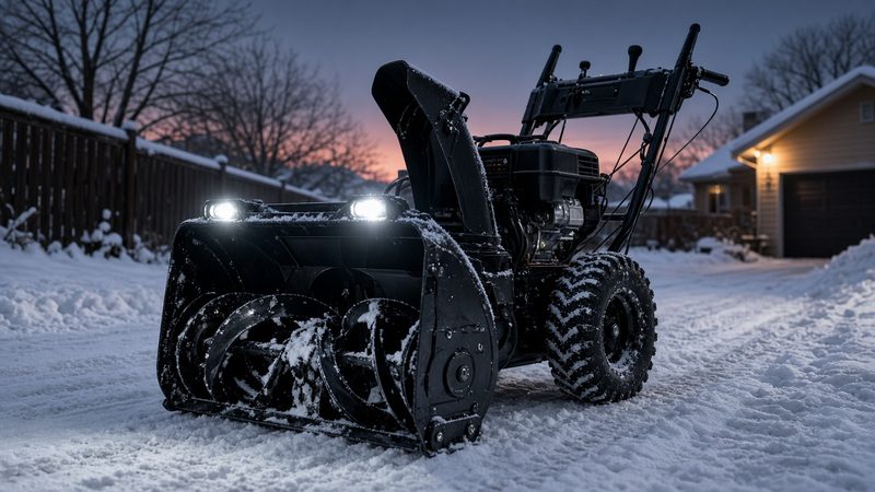 A black two-stage snow blower with its headlights on in a snowy driveway at dusk, in Syracuse, New York