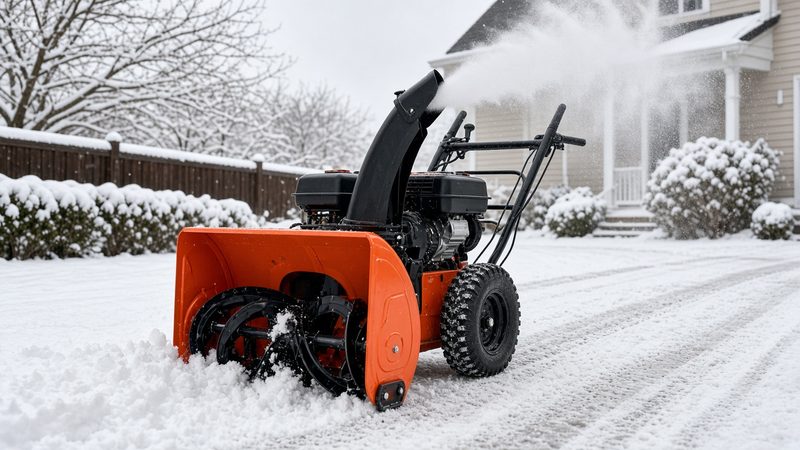 An orange two-stage snow blower throwing snow from its chute in a snowy front yard, in Syracuse, New York