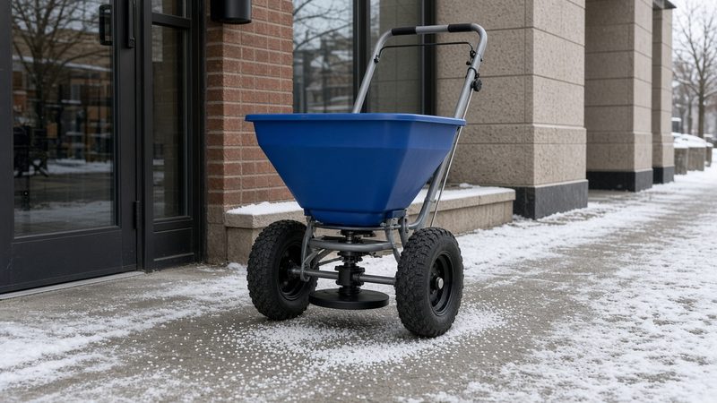 A blue walk-behind spreader with large tires on a salted storefront sidewalk, in Syracuse, New York